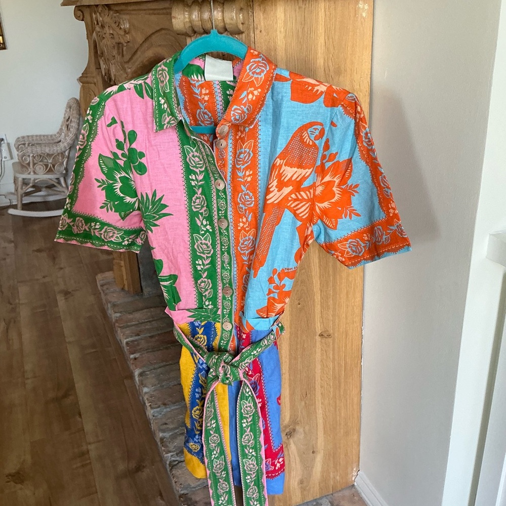 FARM Rio Multicolor shorts romper with Bird and Floral Print NWT